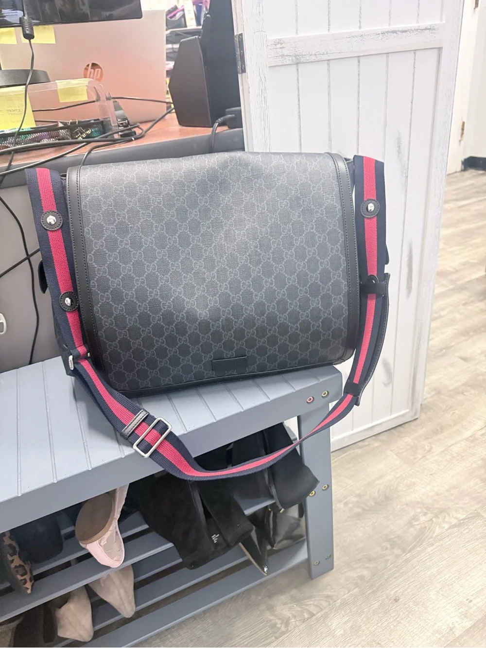 Gucci Gray GG Diaper Bag with Red and Blue Web Strap